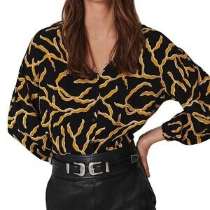 ba&sh Black Gold Clea Printed Blouse Button Up V Neck Size 4